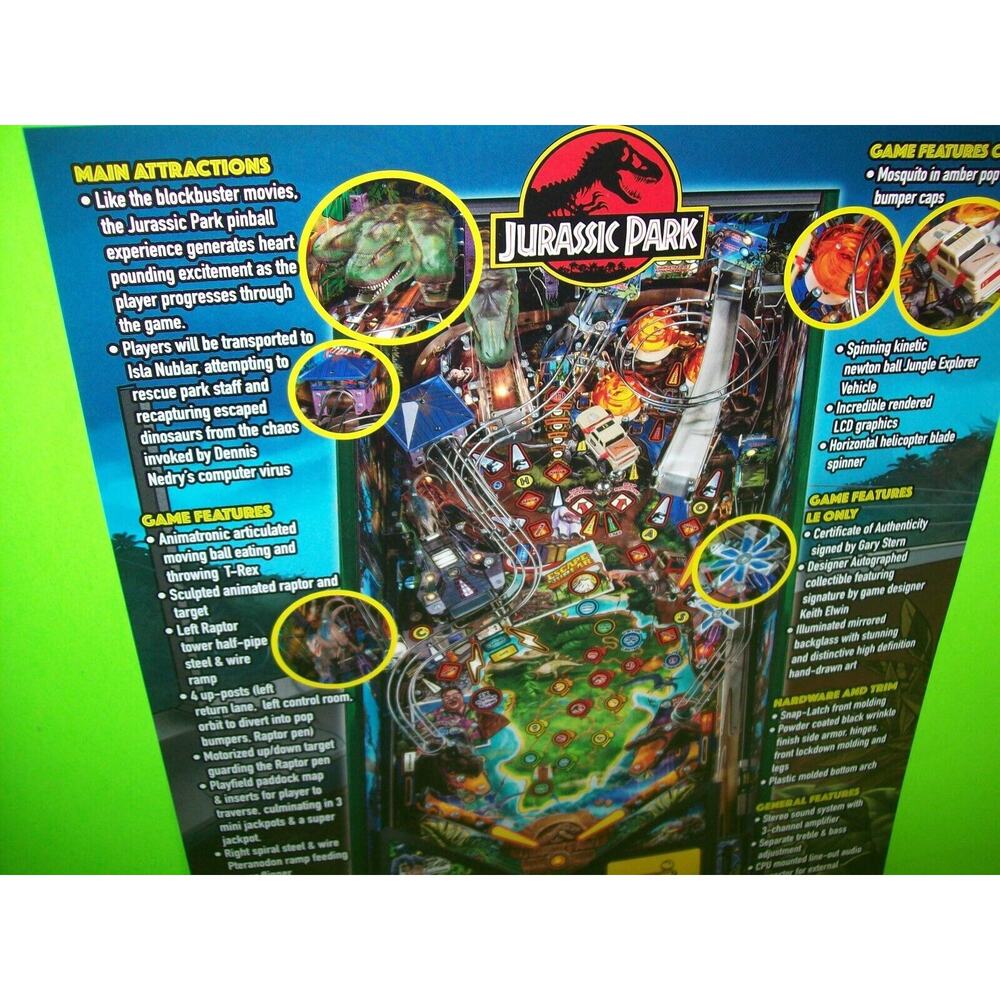 Jurassic Park Limited Ed Pinball FLYER Original Game Vintage Promo Art Dinosaurs - Picture 6 of 6